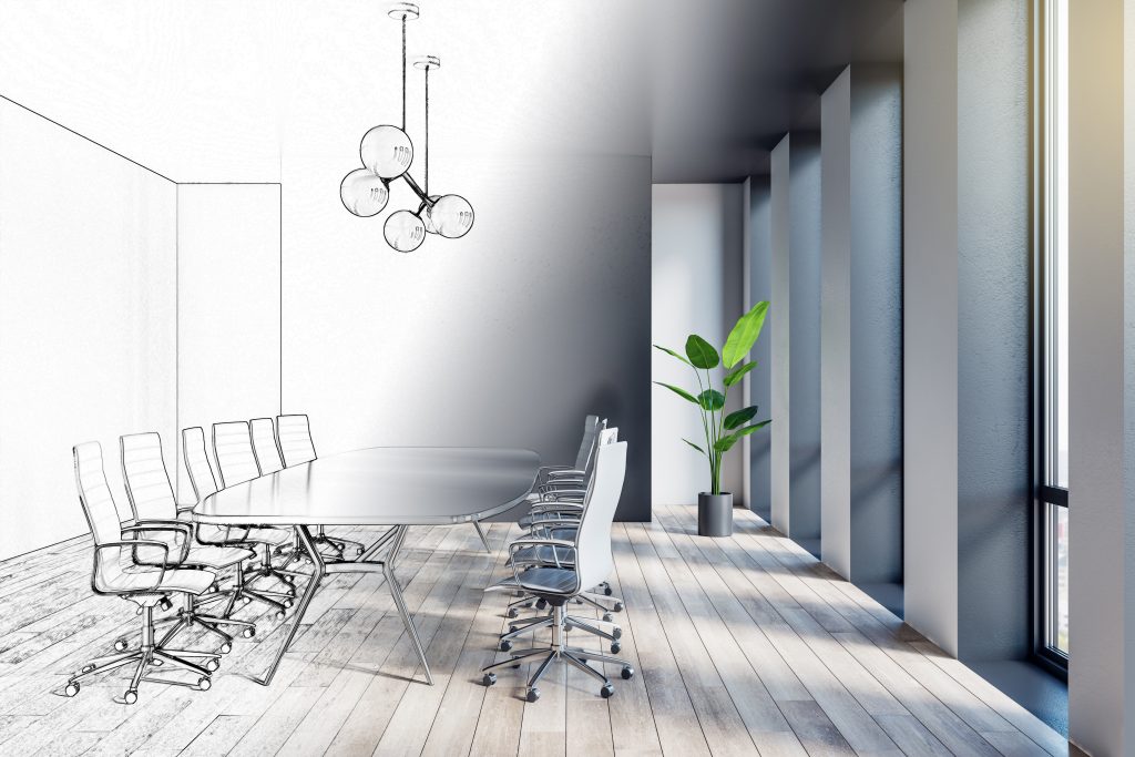 creative hand drawn sketch of bright meeting room interior with furniture and panoramic city view. sketching, design and blueprint concept. 3d rendering.